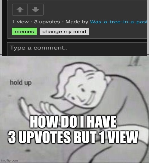 Ummm how did that happen | HOW DO I HAVE 3 UPVOTES BUT 1 VIEW | image tagged in fallout hold up,how | made w/ Imgflip meme maker