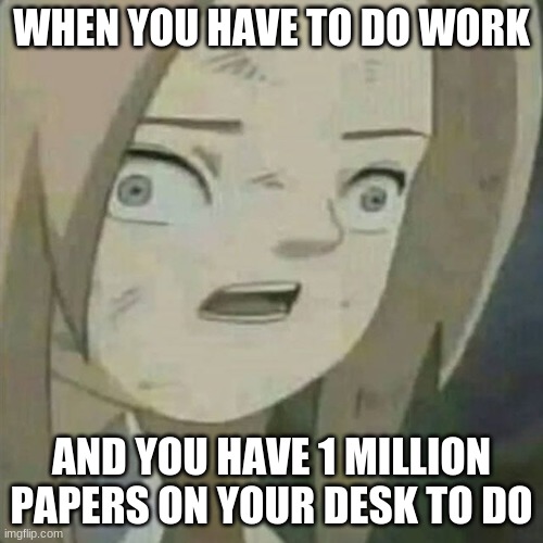 tsunade dummy | WHEN YOU HAVE TO DO WORK; AND YOU HAVE 1 MILLION PAPERS ON YOUR DESK TO DO | image tagged in tsunade | made w/ Imgflip meme maker