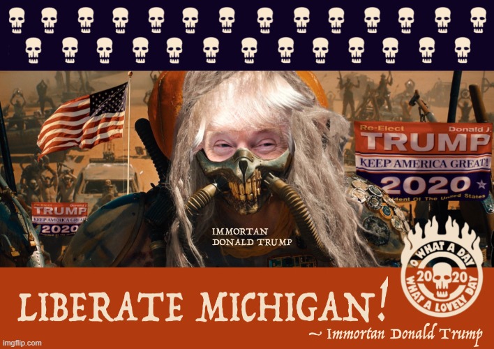 Cringing at Trump for encouraging domestic insurrection. | image tagged in trump-re-election-campaign-2020-mad-max-liberate-michigan,michigan,covid-19,trump is a moron,trump is an asshole,trump | made w/ Imgflip meme maker