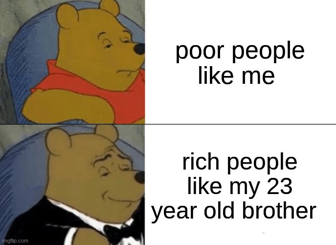 Tuxedo Winnie The Pooh Meme | poor people like me; rich people like my 23 year old brother | image tagged in memes,tuxedo winnie the pooh | made w/ Imgflip meme maker