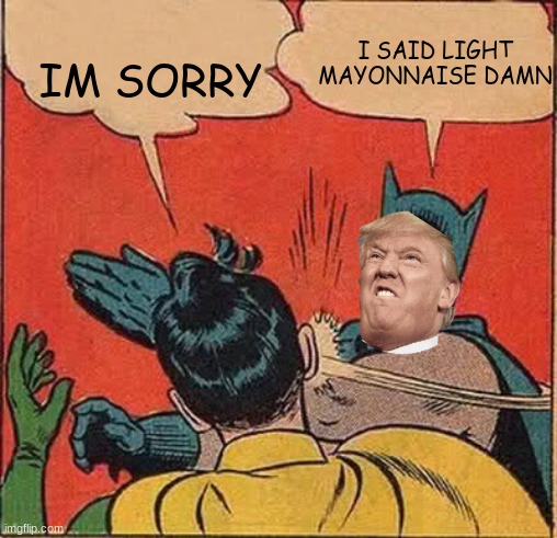 Batman Slapping Robin | I SAID LIGHT MAYONNAISE DAMN; IM SORRY | image tagged in memes,batman slapping robin | made w/ Imgflip meme maker