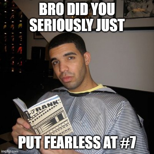 Bro did you seriously just | BRO DID YOU SERIOUSLY JUST; PUT FEARLESS AT #7 | image tagged in bro did you seriously just | made w/ Imgflip meme maker