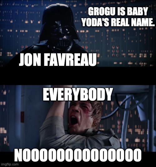 NOOOOOOOOOOO | GROGU IS BABY YODA'S REAL NAME. JON FAVREAU; EVERYBODY; NOOOOOOOOOOOOOO | image tagged in baby yoda | made w/ Imgflip meme maker