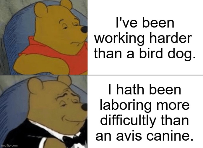 Tuxedo Winnie The Pooh | I've been working harder  than a bird dog. I hath been laboring more difficultly than an avis canine. | image tagged in memes,tuxedo winnie the pooh | made w/ Imgflip meme maker