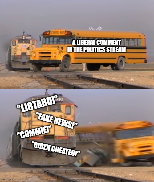 Probably True or Not | A LIBERAL COMMENT IN THE POLITICS STREAM; "LIBTARD!"; "FAKE NEWS!"; "COMMIE!"; "BIDEN CHEATED!" | image tagged in a train hitting a school bus,memes,politics | made w/ Imgflip meme maker