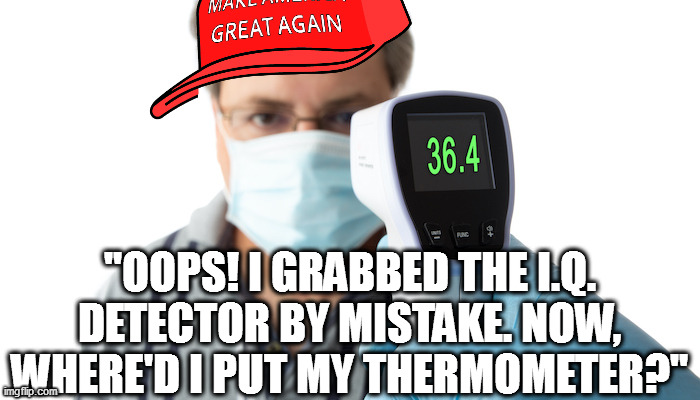 I got my 10k. Can post in Politicstoo. | "OOPS! I GRABBED THE I.Q. DETECTOR BY MISTAKE. NOW, WHERE'D I PUT MY THERMOMETER?" | image tagged in maga brain | made w/ Imgflip meme maker