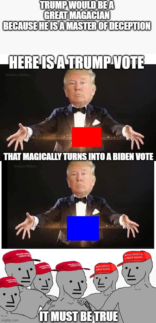 Master of deception to the gullible parrots! | TRUMP WOULD BE A GREAT MAGACIAN
BECAUSE HE IS A MASTER OF DECEPTION; HERE IS A TRUMP VOTE; THAT MAGICALLY TURNS INTO A BIDEN VOTE; IT MUST BE TRUE | image tagged in trump,donald trump,maga,parrot,gullible,dumb | made w/ Imgflip meme maker