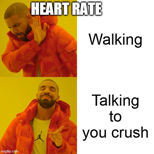 Drake Hotline Bling | HEART RATE; Walking; Talking to you crush | image tagged in memes,drake hotline bling,crush | made w/ Imgflip meme maker