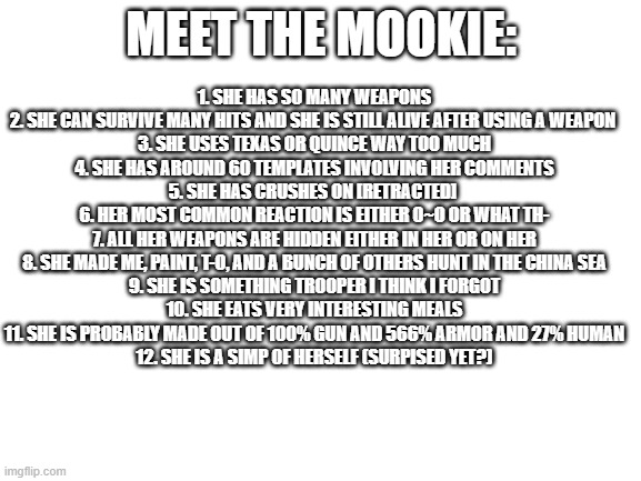 All the Usefull facts that none of you asked for | 1. SHE HAS SO MANY WEAPONS
2. SHE CAN SURVIVE MANY HITS AND SHE IS STILL ALIVE AFTER USING A WEAPON 
3. SHE USES TEXAS OR QUINCE WAY TOO MUCH
4. SHE HAS AROUND 60 TEMPLATES INVOLVING HER COMMENTS
5. SHE HAS CRUSHES ON [RETRACTED] 
6. HER MOST COMMON REACTION IS EITHER O~O OR WHAT TH-
7. ALL HER WEAPONS ARE HIDDEN EITHER IN HER OR ON HER
8. SHE MADE ME, PAINT, T-O, AND A BUNCH OF OTHERS HUNT IN THE CHINA SEA
9. SHE IS SOMETHING TROOPER I THINK I FORGOT
10. SHE EATS VERY INTERESTING MEALS
11. SHE IS PROBABLY MADE OUT OF 100% GUN AND 566% ARMOR AND 27% HUMAN
12. SHE IS A SIMP OF HERSELF (SURPISED YET?); MEET THE MOOKIE: | image tagged in blank white template | made w/ Imgflip meme maker