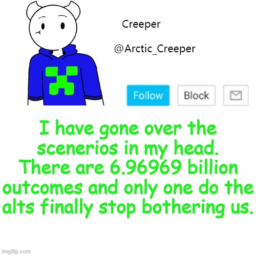 I have gone over the scenerios in my head. There are 6.96969 billion outcomes and only one do the alts finally stop bothering us. | image tagged in creeper's announcement template | made w/ Imgflip meme maker