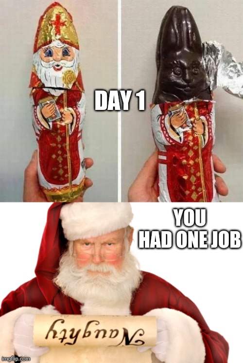 Day 1: Christmas Chocolate! | DAY 1; YOU HAD ONE JOB | image tagged in santa naughty list,funny,memes,christmas,you had one job | made w/ Imgflip meme maker