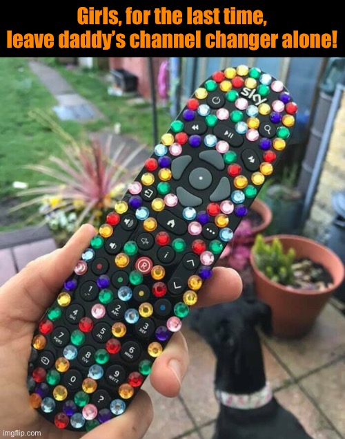 Bedazzled! | Girls, for the last time, leave daddy’s channel changer alone! | image tagged in funny memes,funny kids,bedazzler,dad jokes | made w/ Imgflip meme maker