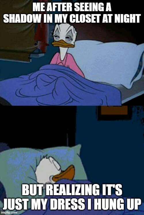 sleepy donald duck in bed | ME AFTER SEEING A SHADOW IN MY CLOSET AT NIGHT; BUT REALIZING IT'S JUST MY DRESS I HUNG UP | image tagged in sleepy donald duck in bed | made w/ Imgflip meme maker
