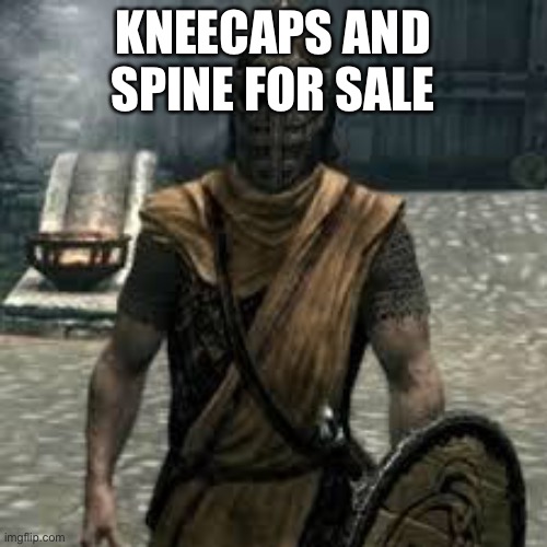 They are mine | KNEECAPS AND SPINE FOR SALE | image tagged in arrow to the knee | made w/ Imgflip meme maker