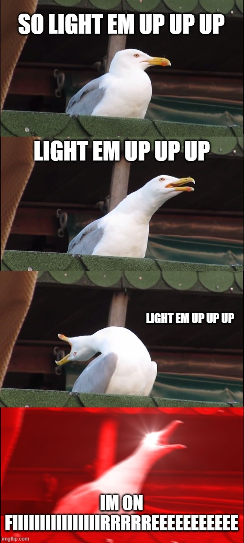 My eardrums shatter when he says that. | SO LIGHT EM UP UP UP; LIGHT EM UP UP UP; LIGHT EM UP UP UP; IM ON FIIIIIIIIIIIIIIIIRRRRREEEEEEEEEEE | image tagged in memes,inhaling seagull | made w/ Imgflip meme maker