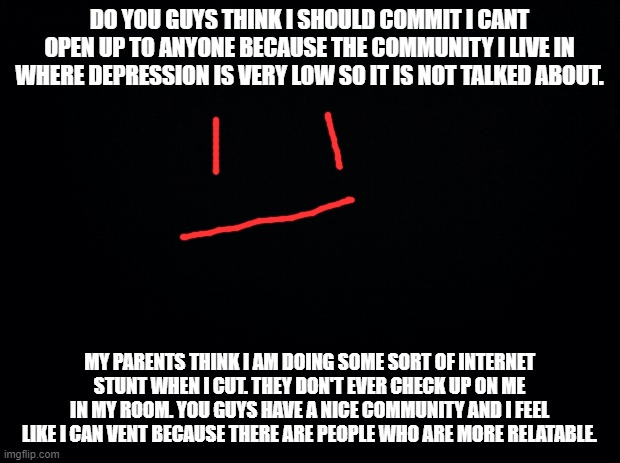 sui**de | DO YOU GUYS THINK I SHOULD COMMIT I CANT OPEN UP TO ANYONE BECAUSE THE COMMUNITY I LIVE IN WHERE DEPRESSION IS VERY LOW SO IT IS NOT TALKED ABOUT. MY PARENTS THINK I AM DOING SOME SORT OF INTERNET STUNT WHEN I CUT. THEY DON'T EVER CHECK UP ON ME IN MY ROOM. YOU GUYS HAVE A NICE COMMUNITY AND I FEEL LIKE I CAN VENT BECAUSE THERE ARE PEOPLE WHO ARE MORE RELATABLE. | made w/ Imgflip meme maker