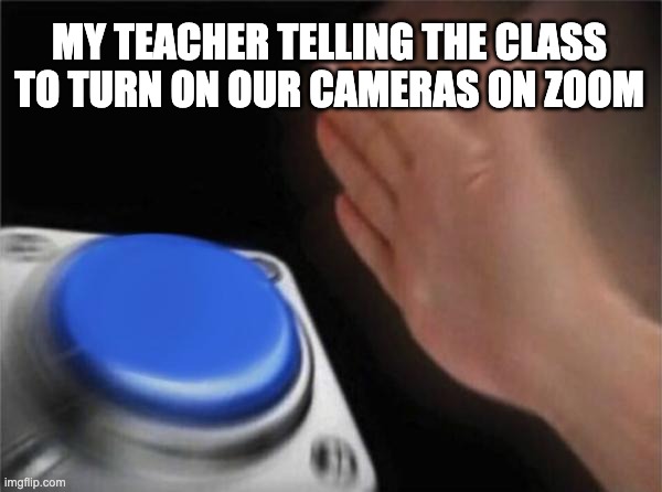 My class in Zoom | MY TEACHER TELLING THE CLASS TO TURN ON OUR CAMERAS ON ZOOM | image tagged in memes,blank nut button,class | made w/ Imgflip meme maker