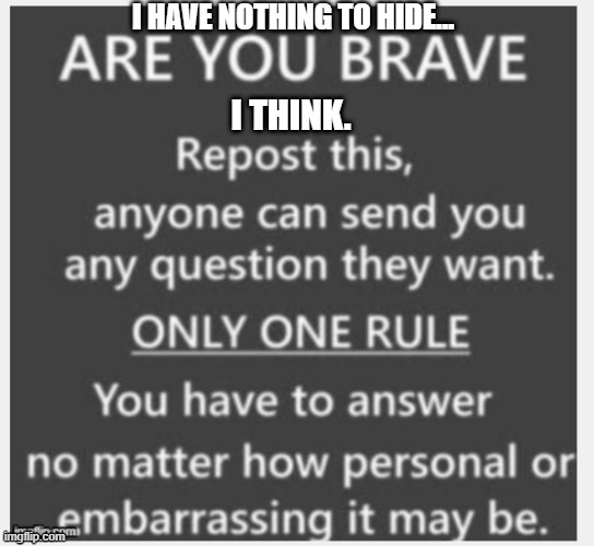 so yeaaahhhhh...... | I HAVE NOTHING TO HIDE... I THINK. | image tagged in memer,trends,question,answer,bravery,lol | made w/ Imgflip meme maker