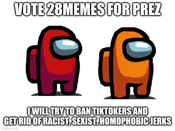 vote 28memes, i will make imgflip better (even though it is good already) | VOTE 28MEMES FOR PREZ; I WILL TRY TO BAN TIKTOKERS AND GET RID OF RACIST, SEXIST, HOMOPHOBIC JERKS | image tagged in blank white template | made w/ Imgflip meme maker