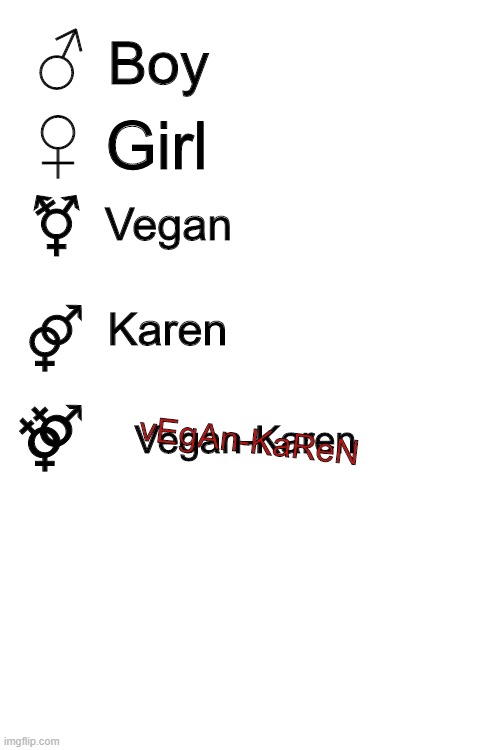 i kinda went all out... Upvotes are appreciated god bless. (If you want the link where I got the symbols its in the comments :) | ♂; Boy; ♀; Girl; Vegan; ⚧; Karen; ⚤; Vegan-Karen; vEgAn-KaReN; ⚤; ⚢ | image tagged in blank white template,vegan,karen,vegans | made w/ Imgflip meme maker