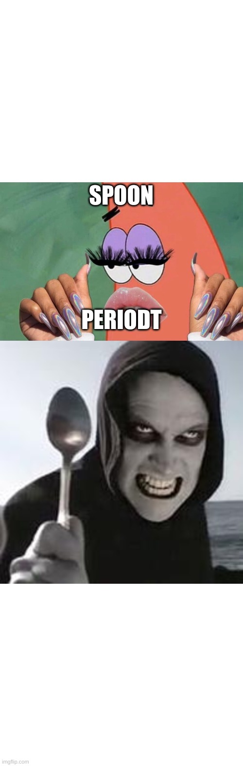 SPOON | SPOON; PERIODT | image tagged in blank white template,periodt,horiible murder with a spoon | made w/ Imgflip meme maker
