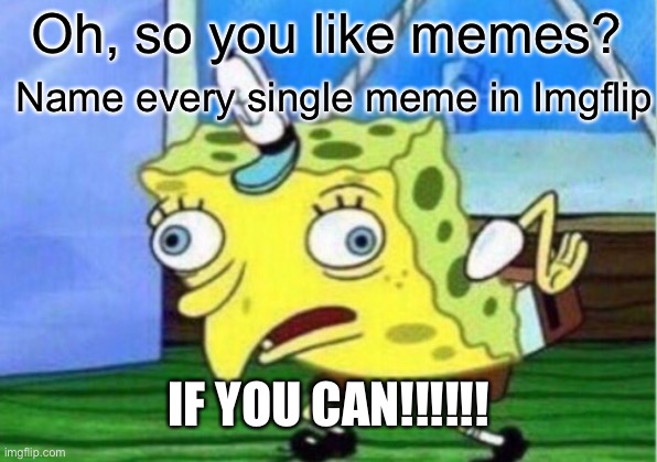 Oh, so you like memes? | Oh, so you like memes? Name every single meme in Imgflip; IF YOU CAN!!!!!! | image tagged in memes,mocking spongebob | made w/ Imgflip meme maker