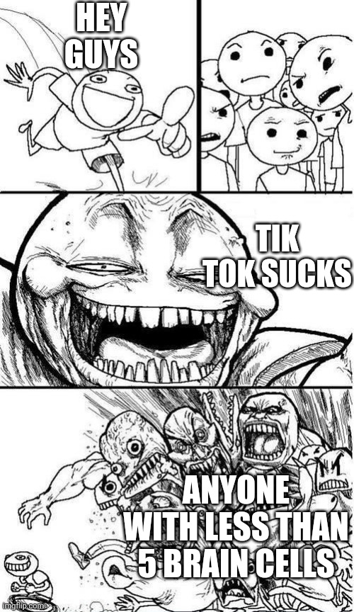 RUN | HEY GUYS; TIK TOK SUCKS; ANYONE WITH LESS THAN 5 BRAIN CELLS | image tagged in trollbait / nobody is right | made w/ Imgflip meme maker