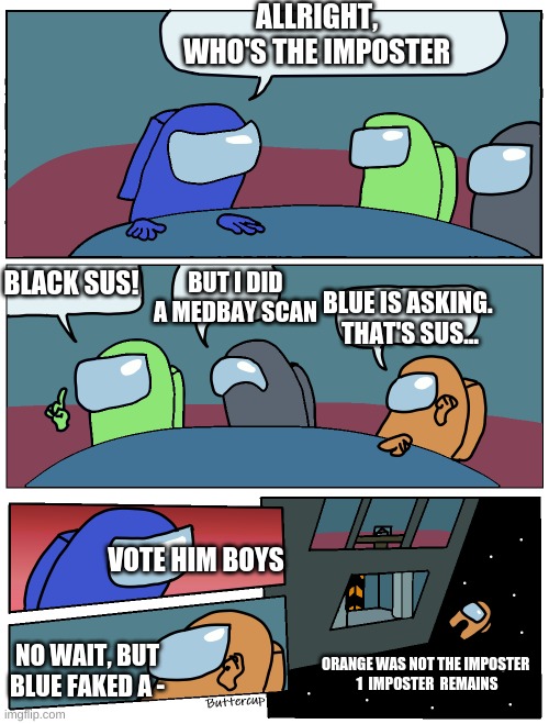 Among Us Eject  Orange | ALLRIGHT, WHO'S THE IMPOSTER; BLACK SUS! BUT I DID A MEDBAY SCAN; BLUE IS ASKING. 
THAT'S SUS... VOTE HIM BOYS; NO WAIT, BUT BLUE FAKED A -; ORANGE WAS NOT THE IMPOSTER 
1  IMPOSTER  REMAINS | image tagged in among us meeting | made w/ Imgflip meme maker