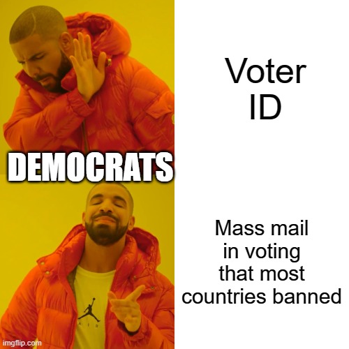 ;D | Voter ID; DEMOCRATS; Mass mail in voting that most countries banned | image tagged in memes,drake hotline bling,crying democrats,stupid liberals,maga | made w/ Imgflip meme maker