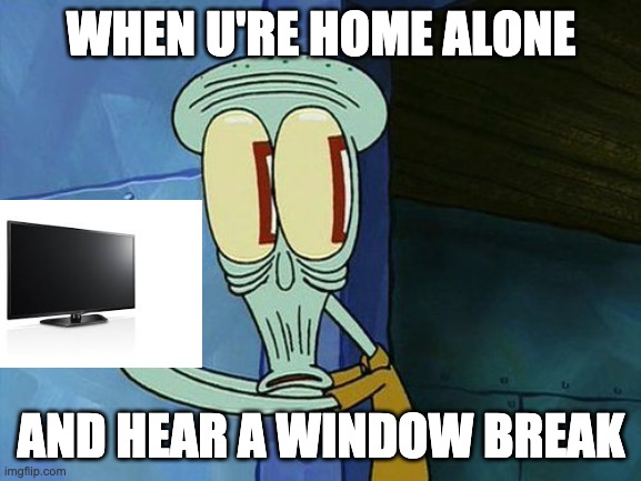 When U're home alone... | WHEN U'RE HOME ALONE; AND HEAR A WINDOW BREAK | image tagged in oh shit squidward,home alone,tv,tv show | made w/ Imgflip meme maker