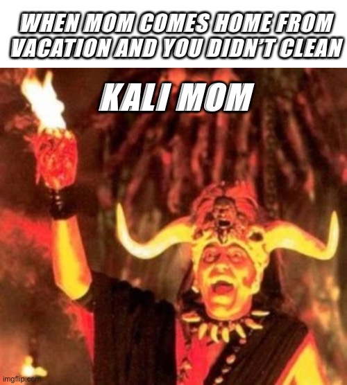 Angry mom | WHEN MOM COMES HOME FROM VACATION AND YOU DIDN’T CLEAN; KALI MOM | image tagged in blank white template | made w/ Imgflip meme maker