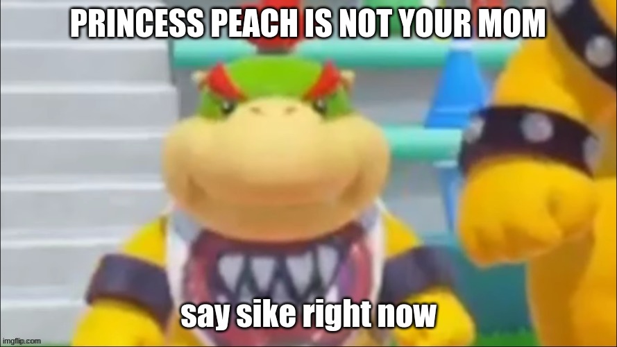 Say sike right now bowser jr | PRINCESS PEACH IS NOT YOUR MOM | image tagged in say sike right now bowser jr | made w/ Imgflip meme maker