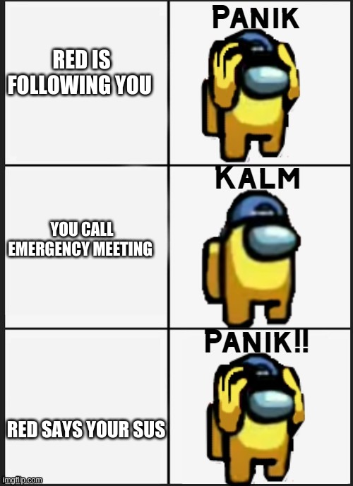 Among us Panik | RED IS FOLLOWING YOU; YOU CALL EMERGENCY MEETING; RED SAYS YOUR SUS | image tagged in among us panik | made w/ Imgflip meme maker