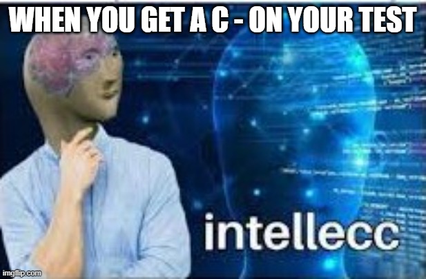 no idea for a tittle | WHEN YOU GET A C - ON YOUR TEST | image tagged in intellecc | made w/ Imgflip meme maker