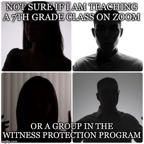 Zoom | NOT SURE IF I AM TEACHING A 7TH GRADE CLASS ON ZOOM; OR A GROUP IN THE WITNESS PROTECTION PROGRAM | image tagged in online school | made w/ Imgflip meme maker