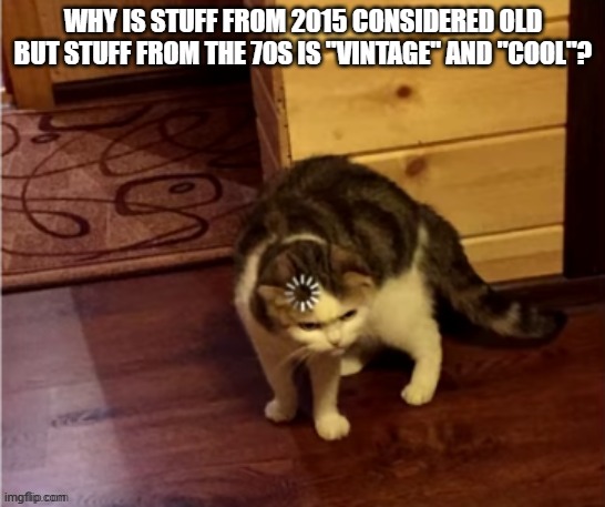 Cat think | WHY IS STUFF FROM 2015 CONSIDERED OLD BUT STUFF FROM THE 70S IS "VINTAGE" AND "COOL"? | image tagged in cat think | made w/ Imgflip meme maker