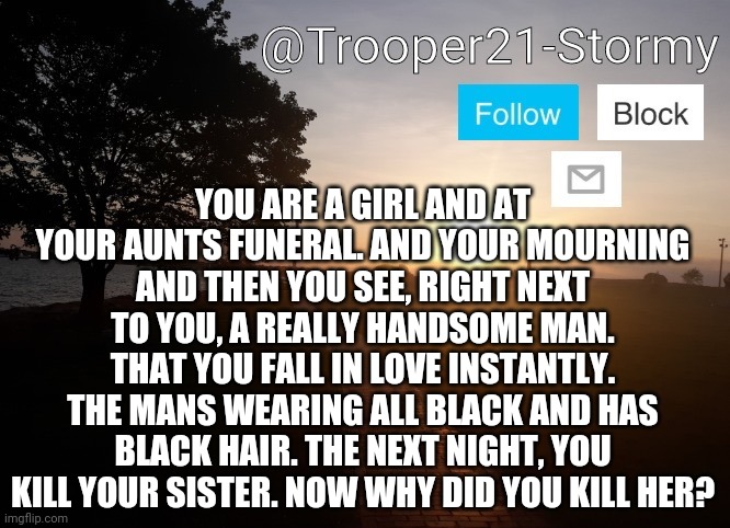 Trooper21-Stormy | YOU ARE A GIRL AND AT YOUR AUNTS FUNERAL. AND YOUR MOURNING AND THEN YOU SEE, RIGHT NEXT TO YOU, A REALLY HANDSOME MAN. THAT YOU FALL IN LOVE INSTANTLY. THE MANS WEARING ALL BLACK AND HAS BLACK HAIR. THE NEXT NIGHT, YOU KILL YOUR SISTER. NOW WHY DID YOU KILL HER? | image tagged in trooper21-stormy | made w/ Imgflip meme maker