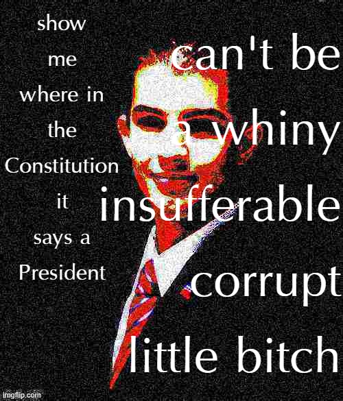 damn bruh u really owned those libtrads | show me where in the Constitution it says a President; can't be a whiny insufferable corrupt little bitch | image tagged in college conservative deep-fried,maga,conservative logic,college conservative,trump is a moron,trump is an asshole | made w/ Imgflip meme maker