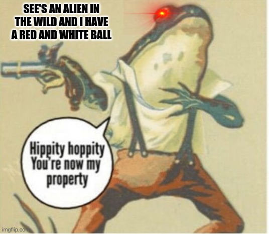 POV: Pokemon | SEE'S AN ALIEN IN THE WILD AND I HAVE A RED AND WHITE BALL | image tagged in hippity hoppity you're now my property | made w/ Imgflip meme maker