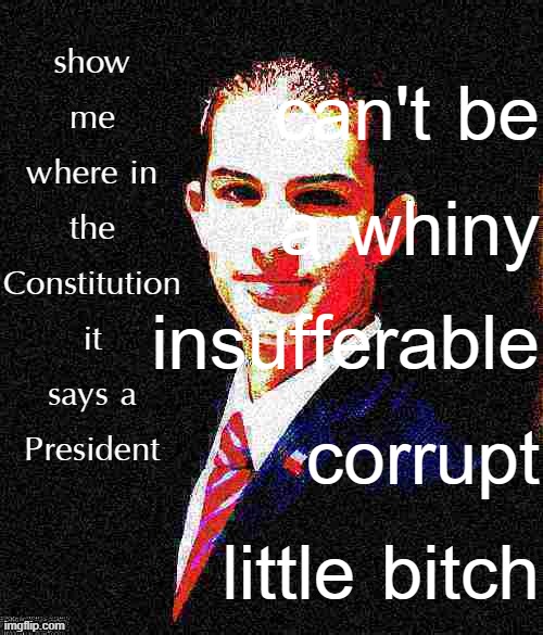ummm bruh i think u flexed too hard on the constitution | can't be a whiny insufferable corrupt little bitch; show me where in the Constitution it says a President | image tagged in college conservative deep-fried,college conservative,donald trump is an idiot,trump is a moron | made w/ Imgflip meme maker