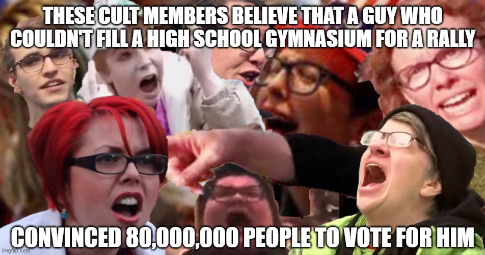 THESE CULT MEMBERS BELIEVE THAT A GUY WHO COULDN'T FILL A HIGH SCHOOL GYMNASIUM FOR A RALLY CONVINCED 80,000,000 PEOPLE TO VOTE FOR HIM | made w/ Imgflip meme maker