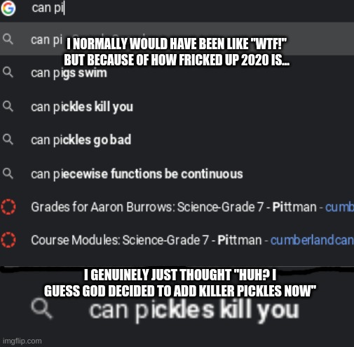 2020 is fricked up man. | I NORMALLY WOULD HAVE BEEN LIKE "WTF!" BUT BECAUSE OF HOW FRICKED UP 2020 IS... I GENUINELY JUST THOUGHT "HUH? I GUESS GOD DECIDED TO ADD KILLER PICKLES NOW" | image tagged in blank white template | made w/ Imgflip meme maker