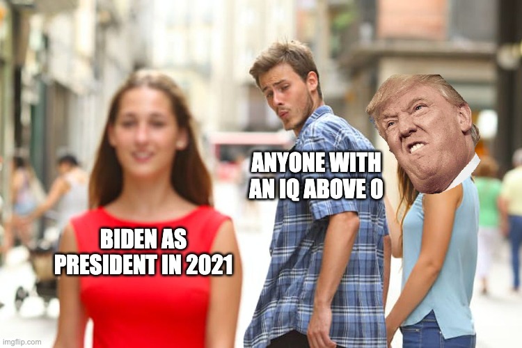 Distracted Boyfriend | ANYONE WITH AN IQ ABOVE 0; BIDEN AS PRESIDENT IN 2021 | image tagged in memes,distracted boyfriend | made w/ Imgflip meme maker