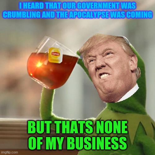 But That's None Of My Business Meme | I HEARD THAT OUR GOVERNMENT WAS CRUMBLING AND THE APOCALYPSE WAS COMING; BUT THATS NONE OF MY BUSINESS | image tagged in memes,but that's none of my business,kermit the frog | made w/ Imgflip meme maker