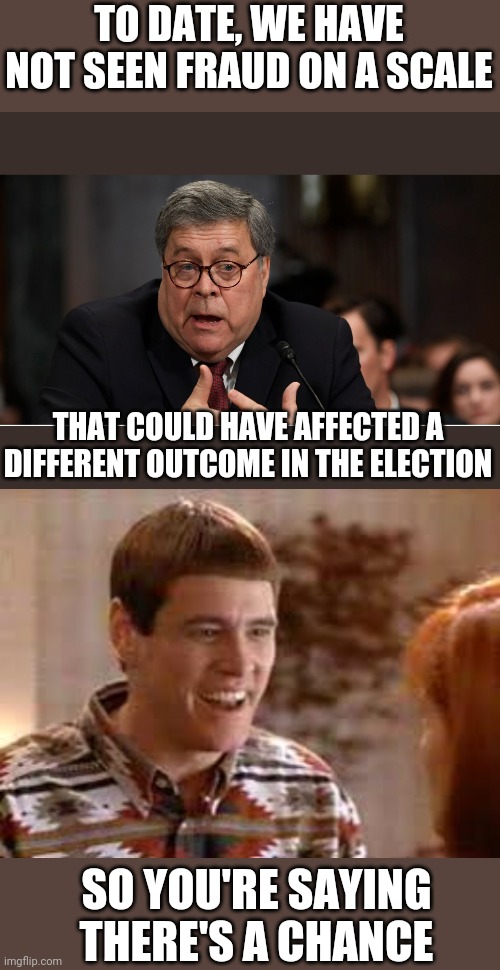 Clinging to Hope | TO DATE, WE HAVE NOT SEEN FRAUD ON A SCALE; THAT COULD HAVE AFFECTED A DIFFERENT OUTCOME IN THE ELECTION; SO YOU'RE SAYING THERE'S A CHANCE | image tagged in william barr attorney general,cubs so youre saying theres a chance,joe biden,donald trump,united states of america | made w/ Imgflip meme maker