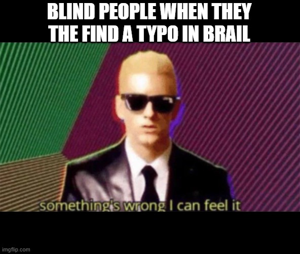 good luck to blind people | BLIND PEOPLE WHEN THEY THE FIND A TYPO IN BRAIL | image tagged in something's wrong i can feel it | made w/ Imgflip meme maker