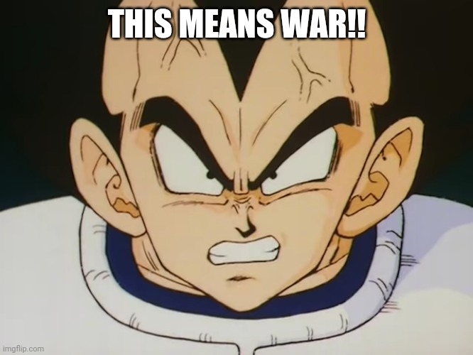 Angry Vegeta (DBZ) | THIS MEANS WAR!! | image tagged in angry vegeta dbz | made w/ Imgflip meme maker