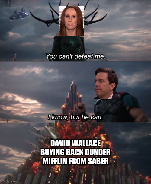 Nellie Vs Andy | DAVID WALLACE BUYING BACK DUNDER MIFFLIN FROM SABER | image tagged in you can't defeat me | made w/ Imgflip meme maker
