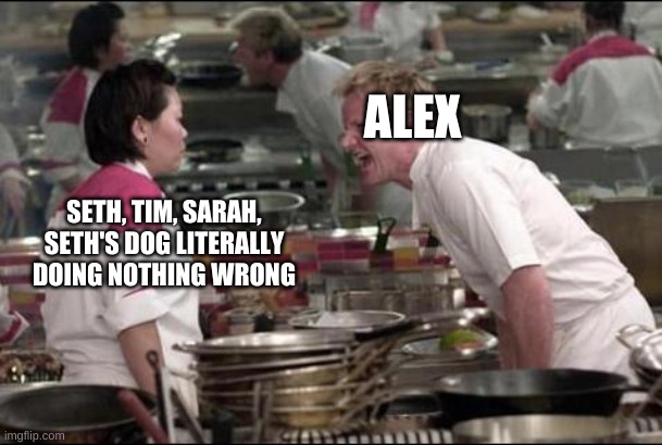 Alex They Are Doing Are Doing Nothing Wrong, So Why Are You Yelling At Them?! | ALEX; SETH, TIM, SARAH, SETH'S DOG LITERALLY DOING NOTHING WRONG | image tagged in memes,angry chef gordon ramsay,marble hornets | made w/ Imgflip meme maker