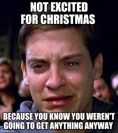 sad memes to make your holiday Spirit disapear | NOT EXCITED FOR CHRISTMAS; BECAUSE YOU KNOW YOU WEREN'T GOING TO GET ANYTHING ANYWAY | image tagged in crying peter parker | made w/ Imgflip meme maker